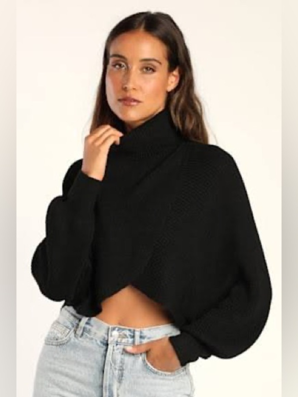 Alice + Olivia Noriko Wool Black Cropped Wrap Turtleneck Sweater